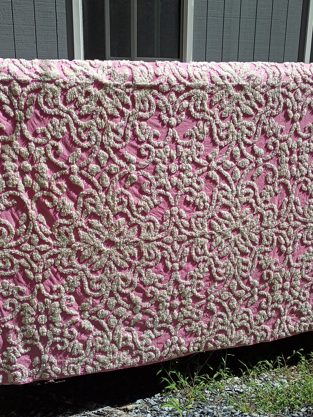 Tufted Pink Chenille and Cream Floral Quilted Coverlet